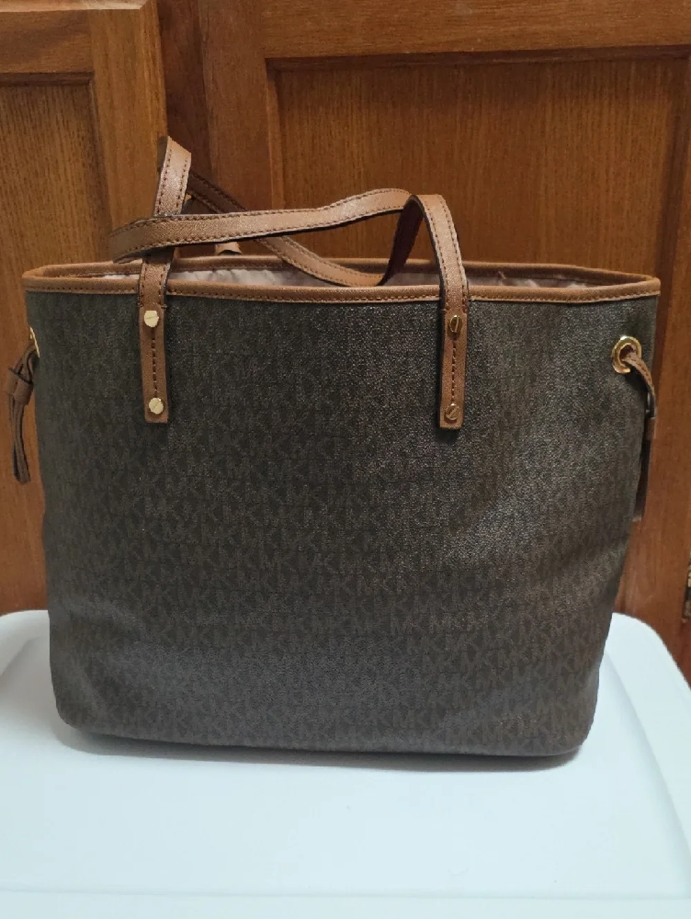 Michael Kors Brown Jet SetTote with Tan Trim and Gold Hardware